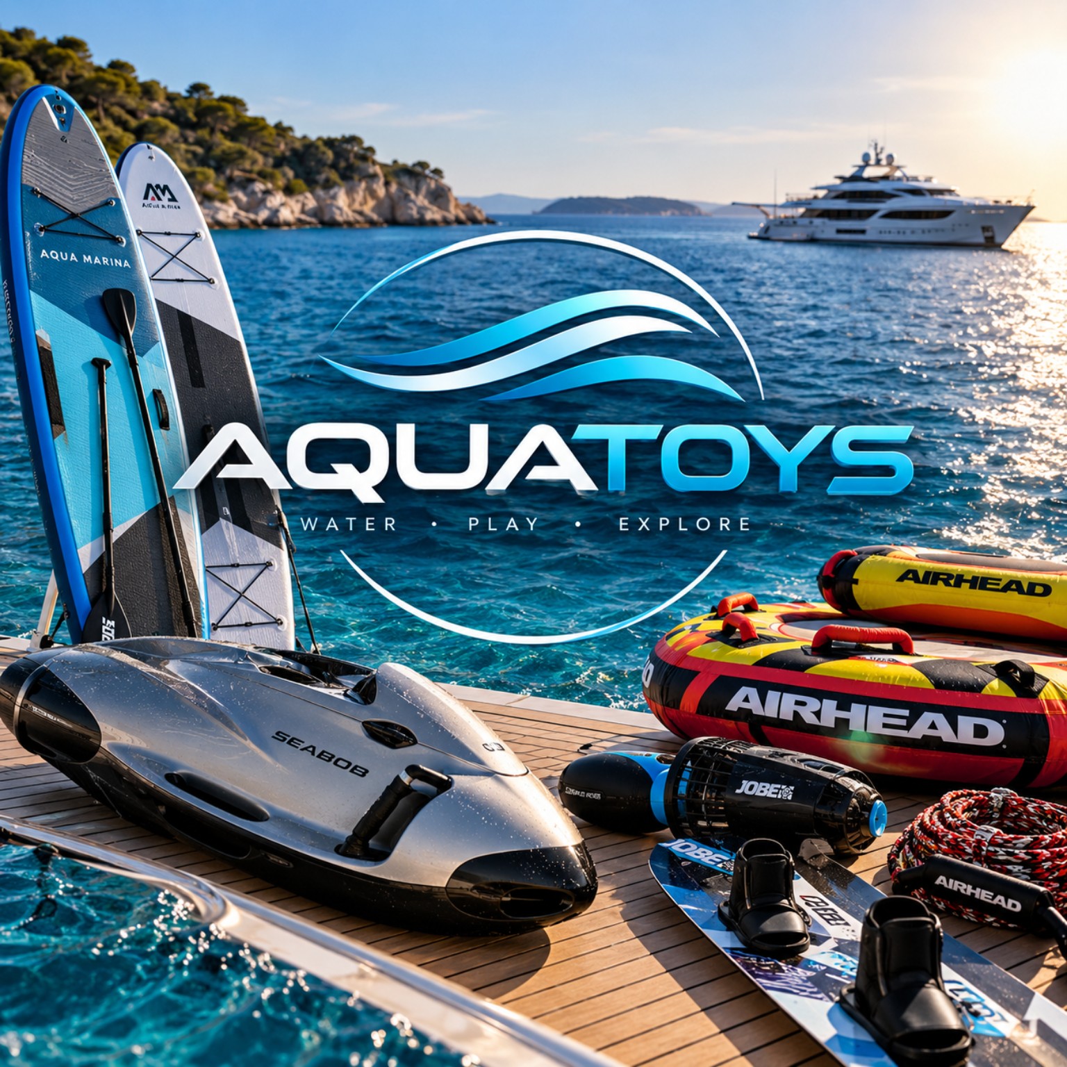 Aqua Toys equipment including SUP boards, a Seabob and Airhead inflatables beside the sea
