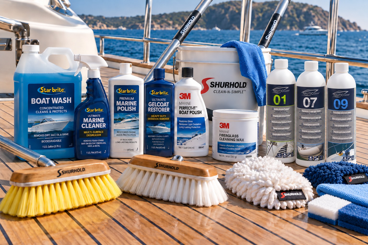 Marine cleaning products and Shurhold cleaning equipment on a teak deck