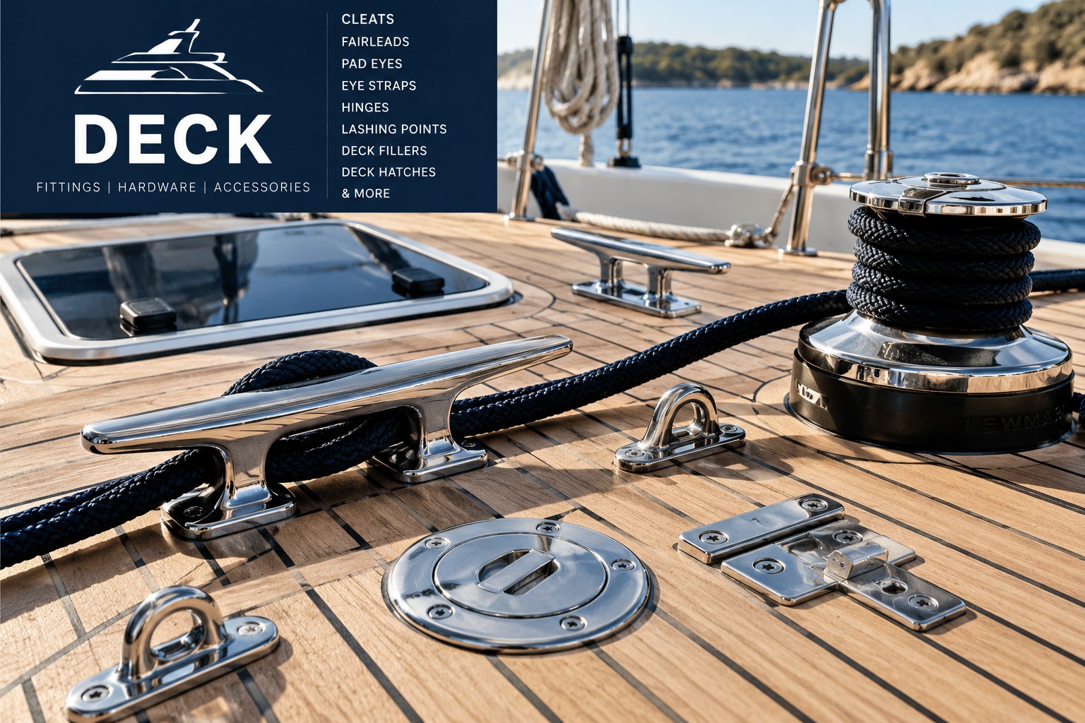 Teak yacht deck with cleats, winch, hatch and deck fittings