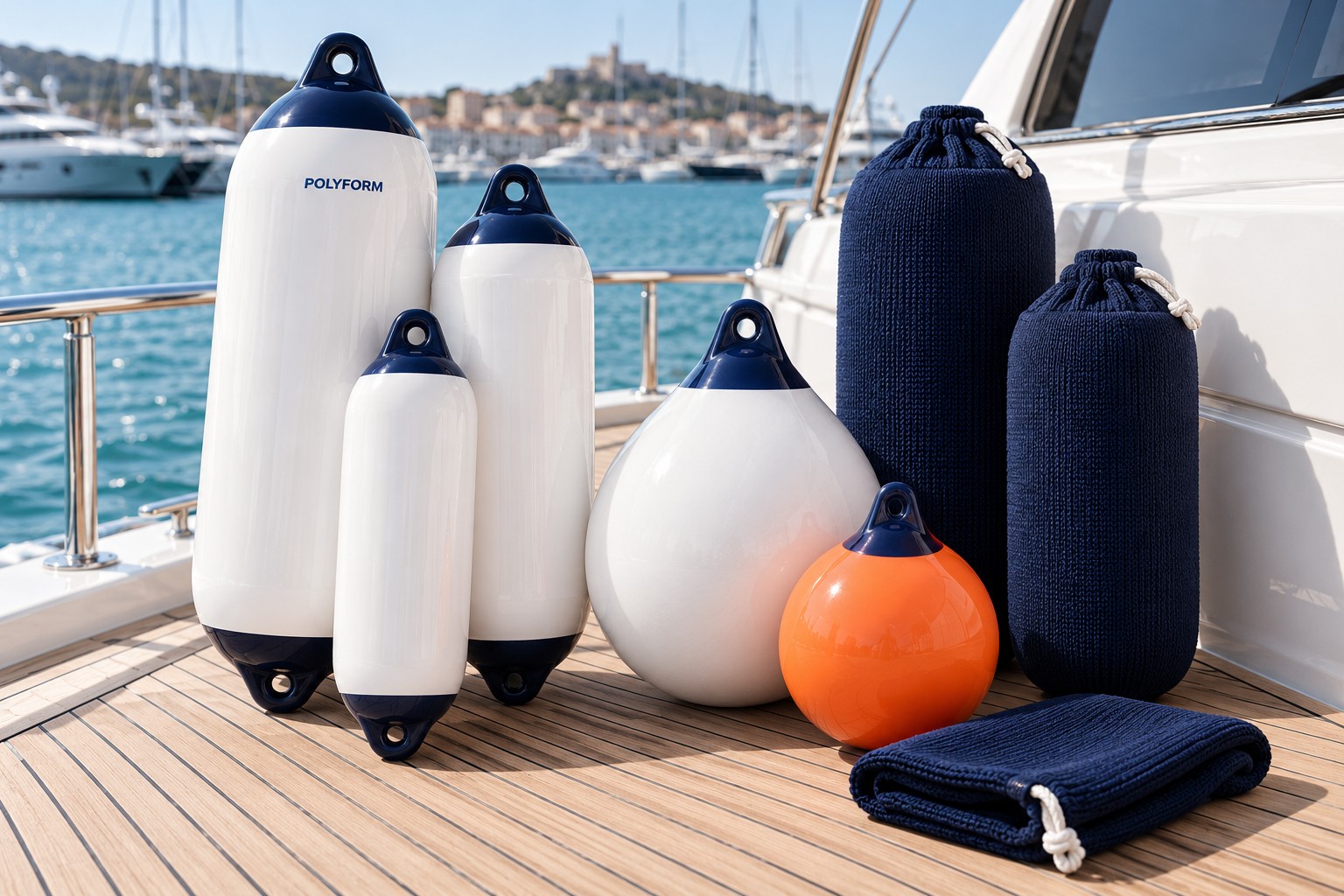 Polyform boat fenders, round buoys and navy fender covers on a yacht deck